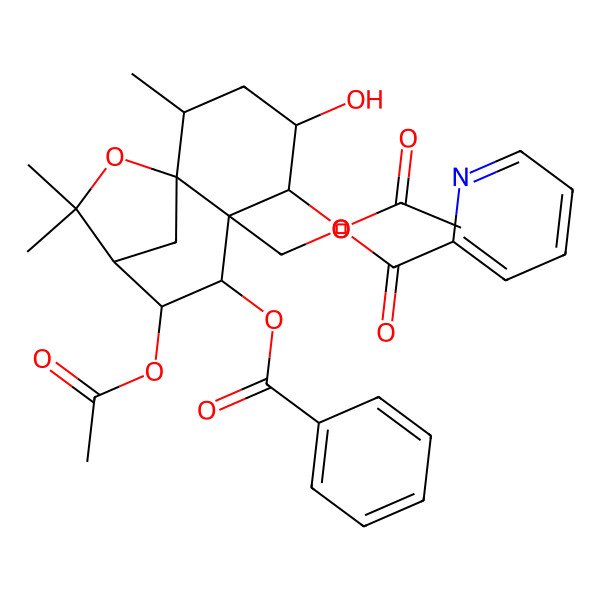 2D Structure of (5,8-Diacetyloxy-7-benzoyloxy-4-hydroxy-2,10,10-trimethyl-11-oxatricyclo[7.2.1.01,6]dodecan-6-yl)methyl pyridine-2-carboxylate