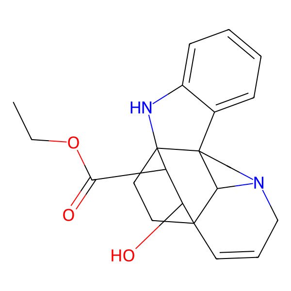 2D Structure of Ethyl 17-hydroxy-2,12-diazahexacyclo[14.2.2.19,12.01,9.03,8.016,21]henicosa-3,5,7,14-tetraene-18-carboxylate