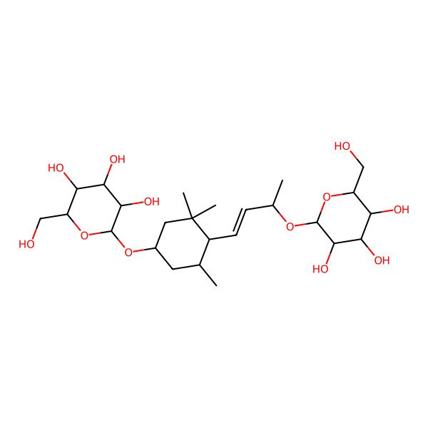 2D Structure of (2R,3S,4S,5R,6R)-2-(hydroxymethyl)-6-[(1S,4R,5R)-3,3,5-trimethyl-4-[(E,3R)-3-[(2R,3R,4S,5S,6R)-3,4,5-trihydroxy-6-(hydroxymethyl)oxan-2-yl]oxybut-1-enyl]cyclohexyl]oxyoxane-3,4,5-triol