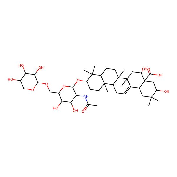 2D Structure of (3S,4aR,5R,6aR,6aS,6bR,8aR,10S,12aR,14bS)-10-[(2R,3R,4R,5S,6R)-3-acetamido-4,5-dihydroxy-6-[[(2S,3R,4S,5S)-3,4,5-trihydroxyoxan-2-yl]oxymethyl]oxan-2-yl]oxy-3,5-dihydroxy-2,2,6a,6b,9,9,12a-heptamethyl-1,3,4,5,6,6a,7,8,8a,10,11,12,13,14b-tetradecahydropicene-4a-carboxylic acid