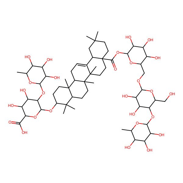 2D Structure of (2S,3S,4S,5R,6R)-6-[[(3S,4aR,6aR,6bS,8aS,12aS,14aR,14bR)-8a-[(2S,3R,4S,5S,6R)-6-[[(2R,3R,4R,5S,6R)-3,4-dihydroxy-6-(hydroxymethyl)-5-[(2S,3R,4R,5R,6S)-3,4,5-trihydroxy-6-methyloxan-2-yl]oxyoxan-2-yl]oxymethyl]-3,4,5-trihydroxyoxan-2-yl]oxycarbonyl-4,4,6a,6b,11,11,14b-heptamethyl-1,2,3,4a,5,6,7,8,9,10,12,12a,14,14a-tetradecahydropicen-3-yl]oxy]-3,4-dihydroxy-5-[(2S,3R,4R,5R,6S)-3,4,5-trihydroxy-6-methyloxan-2-yl]oxyoxane-2-carboxylic acid