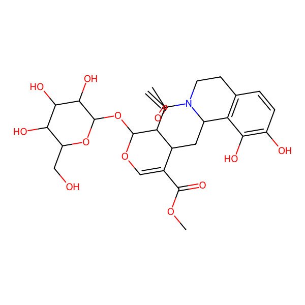 2D Structure of methyl (2R,3S,4S)-4-[[(1R)-2-acetyl-7,8-dihydroxy-3,4-dihydro-1H-isoquinolin-1-yl]methyl]-3-ethenyl-2-[(2S,3R,4S,5S,6R)-3,4,5-trihydroxy-6-(hydroxymethyl)oxan-2-yl]oxy-3,4-dihydro-2H-pyran-5-carboxylate