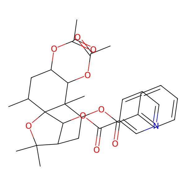 2D Structure of [(1S,2R,4S,5R,6R,7R,9R,12R)-4,5-diacetyloxy-7-benzoyloxy-2,6,10,10-tetramethyl-11-oxatricyclo[7.2.1.01,6]dodecan-12-yl] pyridine-3-carboxylate