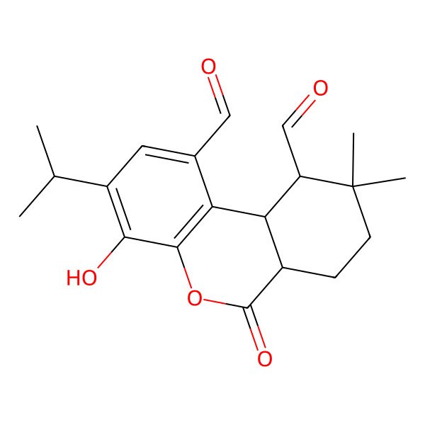 2D Structure of (6aR,10R,10aR)-4-hydroxy-9,9-dimethyl-6-oxo-3-propan-2-yl-7,8,10,10a-tetrahydro-6aH-benzo[c]chromene-1,10-dicarbaldehyde