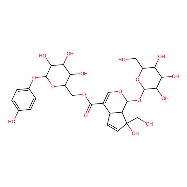 2D Structure of [(2R,3S,4S,5R,6S)-3,4,5-trihydroxy-6-(4-hydroxyphenoxy)oxan-2-yl]methyl (1S,4aR,7R,7aS)-7-hydroxy-7-(hydroxymethyl)-1-[(2S,3R,4S,5S,6R)-3,4,5-trihydroxy-6-(hydroxymethyl)oxan-2-yl]oxy-4a,7a-dihydro-1H-cyclopenta[c]pyran-4-carboxylate