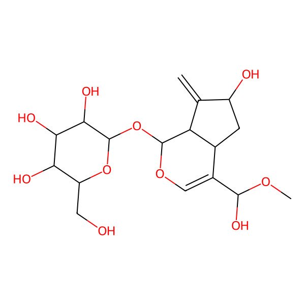 2D Structure of 2-[[6-hydroxy-4-[hydroxy(methoxy)methyl]-7-methylidene-4a,5,6,7a-tetrahydro-1H-cyclopenta[c]pyran-1-yl]oxy]-6-(hydroxymethyl)oxane-3,4,5-triol