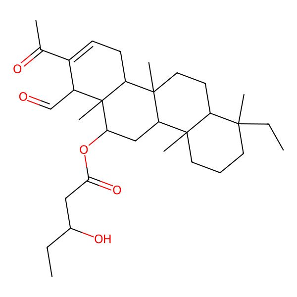 2D Structure of (8-Acetyl-1-ethyl-7-formyl-1,4a,6a,10b-tetramethyl-2,3,4,4b,5,6,7,10,10a,11,12,12a-dodecahydrochrysen-6-yl) 3-hydroxypentanoate