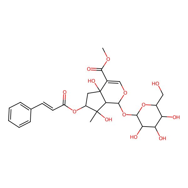 2D Structure of methyl (1S,4aR,6S,7R,7aS)-4a,7-dihydroxy-7-methyl-6-[(Z)-3-phenylprop-2-enoyl]oxy-1-[(2S,3R,4S,5S,6R)-3,4,5-trihydroxy-6-(hydroxymethyl)oxan-2-yl]oxy-1,5,6,7a-tetrahydrocyclopenta[c]pyran-4-carboxylate