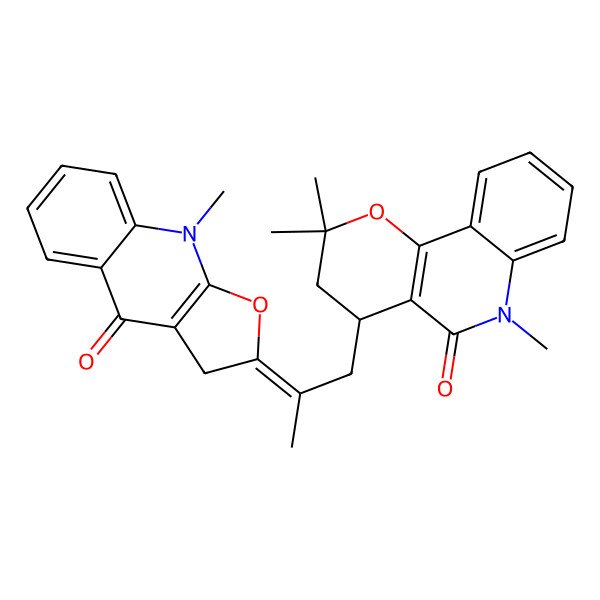 2D Structure of 2,2,6-trimethyl-4-[2-(9-methyl-4-oxo-3H-furo[2,3-b]quinolin-2-ylidene)propyl]-3,4-dihydropyrano[3,2-c]quinolin-5-one