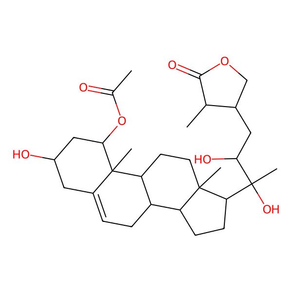 2D Structure of Ergost-5-en-26-oic acid, 1-(acetyloxy)-3,20,22,28-tetrahydroxy-, gamma-lactone, (1alpha,3beta,22R,25R)-
