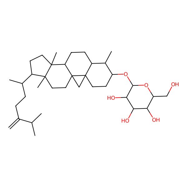 2D Structure of (2R,3S,4S,5R,6R)-2-(hydroxymethyl)-6-[[(1S,3R,6S,7S,8R,11R,12S,15R,16R)-7,12,16-trimethyl-15-[(2R)-6-methyl-5-methylideneheptan-2-yl]-6-pentacyclo[9.7.0.01,3.03,8.012,16]octadecanyl]oxy]oxane-3,4,5-triol