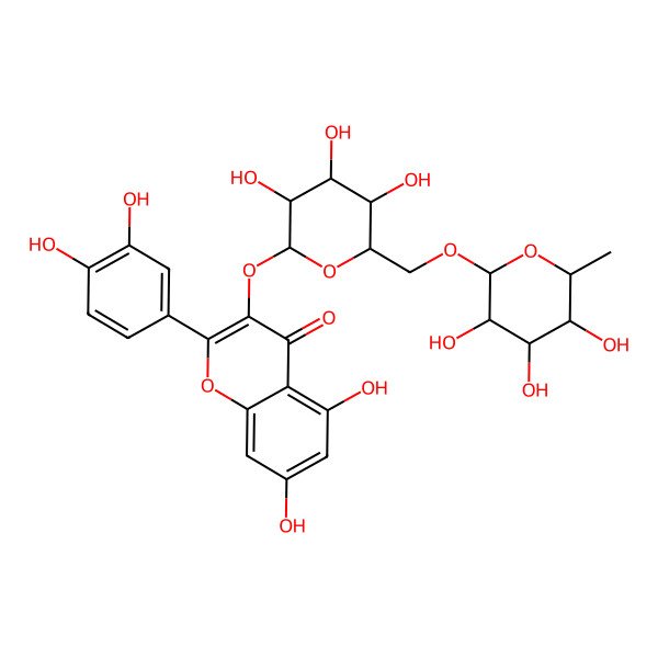 2D Structure of 2-(3,4-dihydroxyphenyl)-5,7-dihydroxy-3-[(2R,3S,4R,5R,6S)-3,4,5-trihydroxy-6-[[(2R,3R,4R,5R,6S)-3,4,5-trihydroxy-6-methyloxan-2-yl]oxymethyl]oxan-2-yl]oxychromen-4-one
