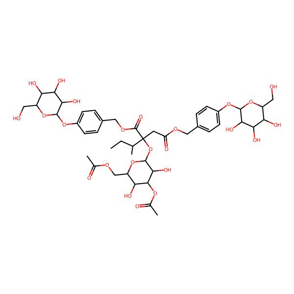 2D Structure of bis[[4-[(2S,3R,4S,5S,6R)-3,4,5-trihydroxy-6-(hydroxymethyl)oxan-2-yl]oxyphenyl]methyl] (2S)-2-[(2S,3R,4S,5R,6R)-4-acetyloxy-6-(acetyloxymethyl)-3,5-dihydroxyoxan-2-yl]oxy-2-[(2R)-butan-2-yl]butanedioate