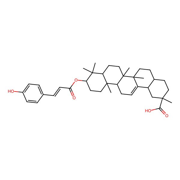 2D Structure of (2S,4aS,6aR,6aS,6bR,8aR,10R,12aR,14bR)-10-[(E)-3-(4-hydroxyphenyl)prop-2-enoyl]oxy-2,6a,6b,9,9,12a-hexamethyl-3,4,4a,5,6,6a,7,8,8a,10,11,12,13,14b-tetradecahydro-1H-picene-2-carboxylic acid