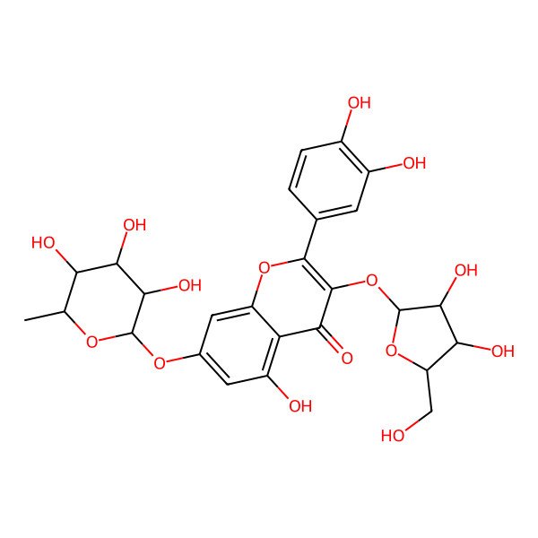 2D Structure of 3-[(2S,3R,4R,5S)-3,4-dihydroxy-5-(hydroxymethyl)oxolan-2-yl]oxy-2-(3,4-dihydroxyphenyl)-5-hydroxy-7-[(2S,3R,4R,5R,6S)-3,4,5-trihydroxy-6-methyloxan-2-yl]oxychromen-4-one