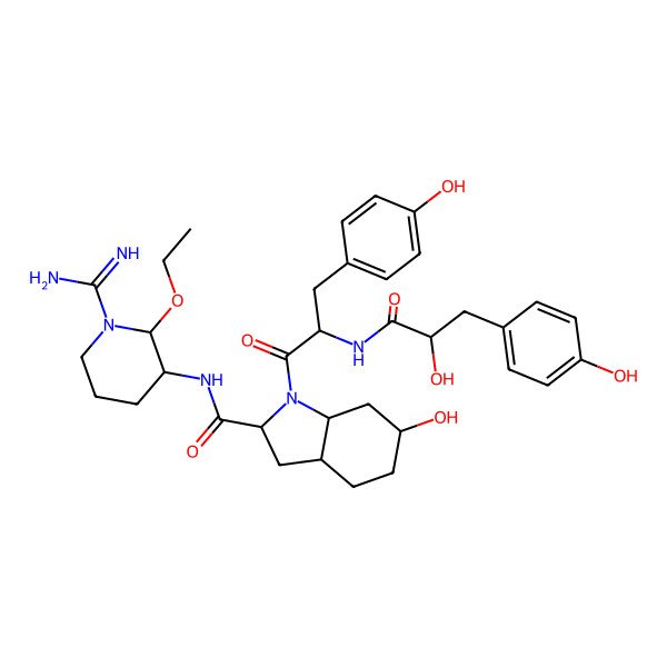 2D Structure of N-(1-carbamimidoyl-2-ethoxypiperidin-3-yl)-6-hydroxy-1-[2-[[2-hydroxy-3-(4-hydroxyphenyl)propanoyl]amino]-3-(4-hydroxyphenyl)propanoyl]-2,3,3a,4,5,6,7,7a-octahydroindole-2-carboxamide