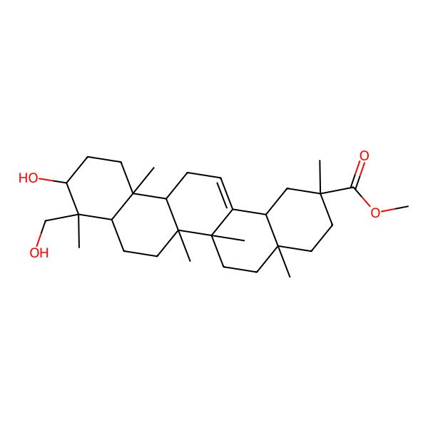 2D Structure of methyl (2R,4aS,6aR,6aS,6bR,8aR,9S,10S,12aR,14bR)-10-hydroxy-9-(hydroxymethyl)-2,4a,6a,6b,9,12a-hexamethyl-1,3,4,5,6,6a,7,8,8a,10,11,12,13,14b-tetradecahydropicene-2-carboxylate