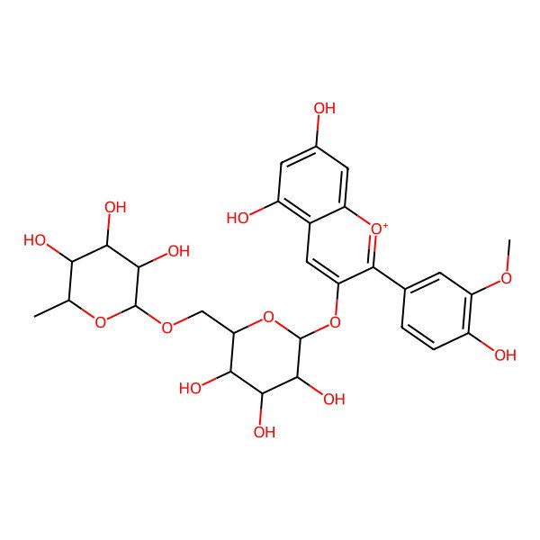 2D Structure of (2R,3R,4S,5R,6R)-2-[[(2R,3S,4R,5S,6S)-6-[5,7-dihydroxy-2-(4-hydroxy-3-methoxyphenyl)chromenylium-3-yl]oxy-3,4,5-trihydroxyoxan-2-yl]methoxy]-6-methyloxane-3,4,5-triol
