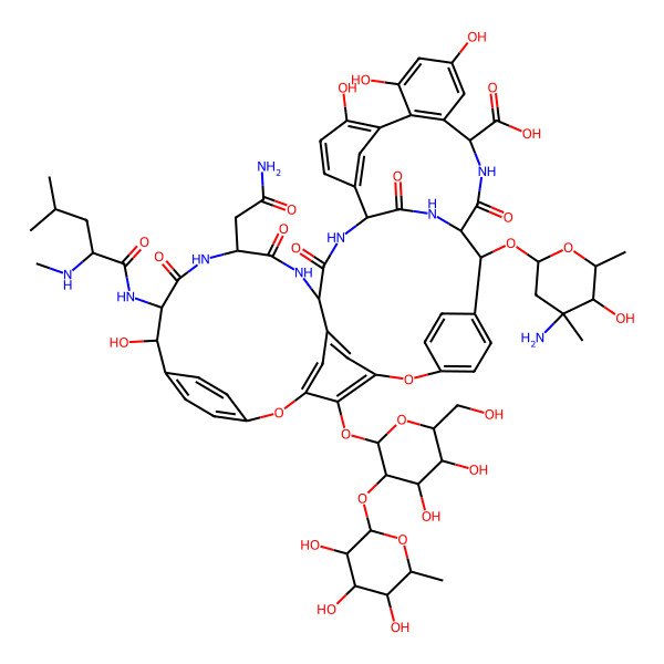 2D Structure of 2-(4-Amino-5-hydroxy-4,6-dimethyloxan-2-yl)oxy-22-(2-amino-2-oxoethyl)-48-[4,5-dihydroxy-6-(hydroxymethyl)-3-(3,4,5-trihydroxy-6-methyloxan-2-yl)oxyoxan-2-yl]oxy-18,32,35,37-tetrahydroxy-19-[[4-methyl-2-(methylamino)pentanoyl]amino]-20,23,26,42,44-pentaoxo-7,13-dioxa-21,24,27,41,43-pentazaoctacyclo[26.14.2.23,6.214,17.18,12.129,33.010,25.034,39]pentaconta-3(50),4,6(49),8,10,12(48),14(47),15,17(46),29(45),30,32,34(39),35,37-pentadecaene-40-carboxylic acid
