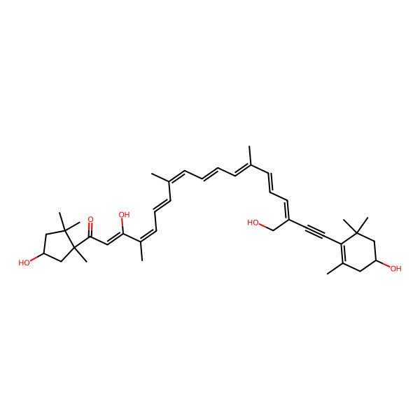 2D Structure of (2Z,4E,6E,8E,10E,12E,14E,16Z)-3-hydroxy-17-(hydroxymethyl)-19-[(4R)-4-hydroxy-2,6,6-trimethylcyclohexen-1-yl]-1-[(1R,4S)-4-hydroxy-1,2,2-trimethylcyclopentyl]-4,8,13-trimethylnonadeca-2,4,6,8,10,12,14,16-octaen-18-yn-1-one