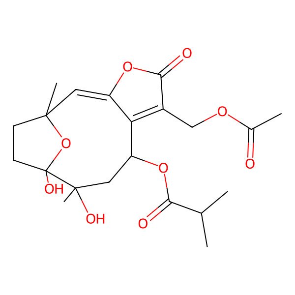 2D Structure of [(1R,2E,8S,10R,11S)-6-(acetyloxymethyl)-10,11-dihydroxy-1,10-dimethyl-5-oxo-4,14-dioxatricyclo[9.2.1.03,7]tetradeca-2,6-dien-8-yl] 2-methylpropanoate
