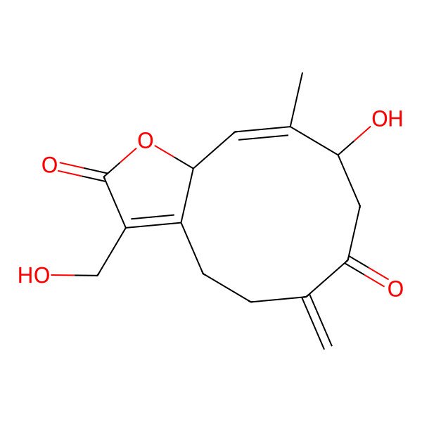 2D Structure of 9-hydroxy-3-(hydroxymethyl)-10-methyl-6-methylidene-5,8,9,11a-tetrahydro-4H-cyclodeca[b]furan-2,7-dione