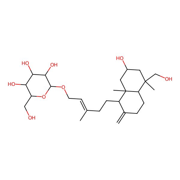 2D Structure of (2R,3R,4S,5S,6R)-2-[(E)-5-[(1S,4aR,5S,7R,8aR)-7-hydroxy-5-(hydroxymethyl)-5,8a-dimethyl-2-methylidene-3,4,4a,6,7,8-hexahydro-1H-naphthalen-1-yl]-3-methylpent-2-enoxy]-6-(hydroxymethyl)oxane-3,4,5-triol