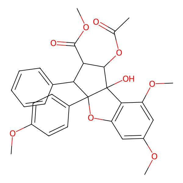 2D Structure of methyl 1-acetyloxy-8b-hydroxy-6,8-dimethoxy-3a-(4-methoxyphenyl)-3-phenyl-2,3-dihydro-1H-cyclopenta[b][1]benzofuran-2-carboxylate