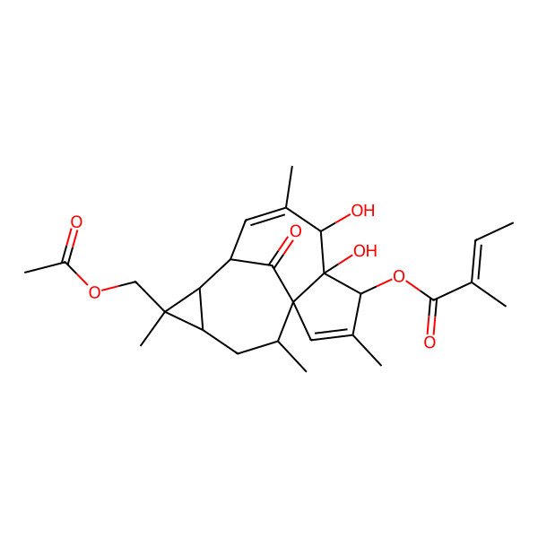 2D Structure of [11-(Acetyloxymethyl)-5,6-dihydroxy-3,7,11,14-tetramethyl-15-oxo-4-tetracyclo[7.5.1.01,5.010,12]pentadeca-2,7-dienyl] 2-methylbut-2-enoate