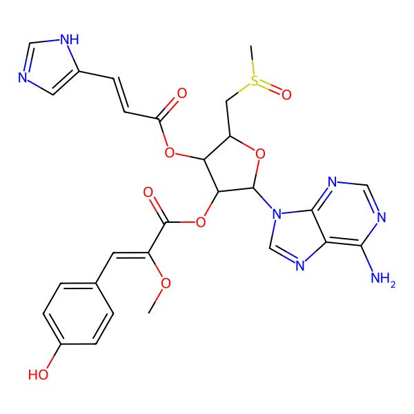 2D Structure of [2-(6-aminopurin-9-yl)-4-[3-(1H-imidazol-5-yl)prop-2-enoyloxy]-5-(methylsulfinylmethyl)oxolan-3-yl] 3-(4-hydroxyphenyl)-2-methoxyprop-2-enoate