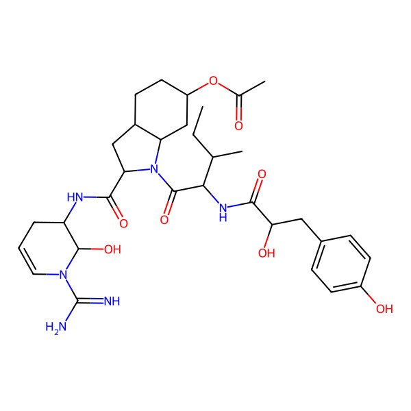 2D Structure of [2-[(1-carbamimidoyl-2-hydroxy-3,4-dihydro-2H-pyridin-3-yl)carbamoyl]-1-[2-[[2-hydroxy-3-(4-hydroxyphenyl)propanoyl]amino]-3-methylpentanoyl]-2,3,3a,4,5,6,7,7a-octahydroindol-6-yl] acetate