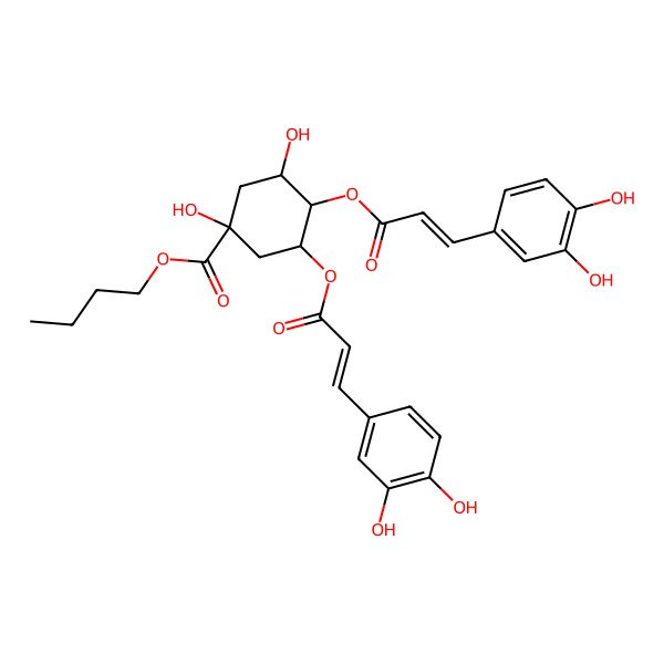 2D Structure of butyl (1S,3R,4R,5R)-3,4-bis[[(E)-3-(3,4-dihydroxyphenyl)prop-2-enoyl]oxy]-1,5-dihydroxycyclohexane-1-carboxylate