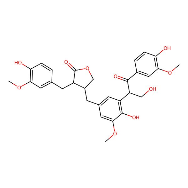 2D Structure of 4-[[4-Hydroxy-3-[3-hydroxy-1-(4-hydroxy-3-methoxyphenyl)-1-oxopropan-2-yl]-5-methoxyphenyl]methyl]-3-[(4-hydroxy-3-methoxyphenyl)methyl]oxolan-2-one