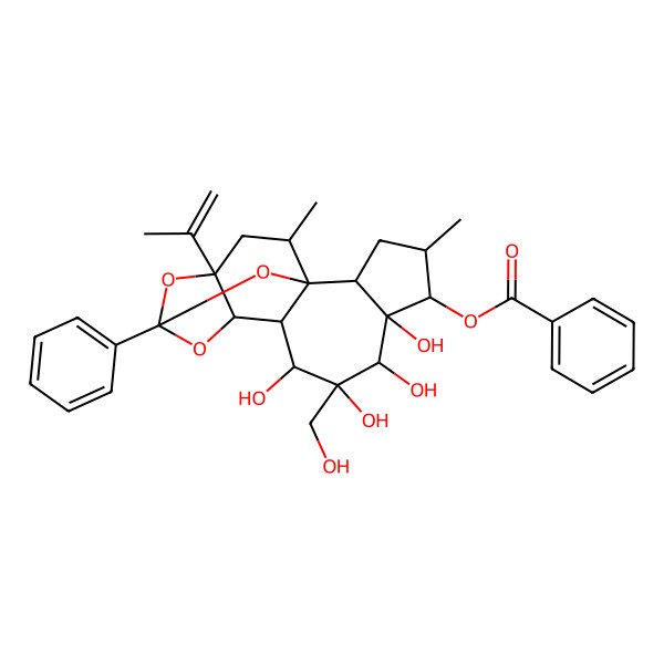 2D Structure of [(1R,2R,4S,5S,6S,7S,8R,9S,10S,11R,13S,15R,17R)-6,7,8,9-tetrahydroxy-8-(hydroxymethyl)-4,17-dimethyl-13-phenyl-15-prop-1-en-2-yl-12,14,18-trioxapentacyclo[11.4.1.01,10.02,6.011,15]octadecan-5-yl] benzoate