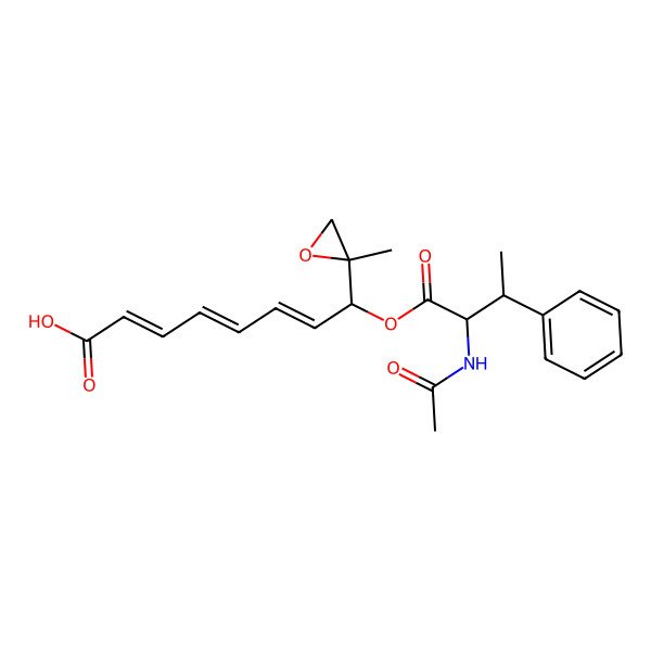 2D Structure of N-Acetyl-I(2)-methyl-L-phenylalanine (1R,2E,4Z,6E)-7-carboxy-1-[(2S)-2-methyl-2-oxiranyl]-2,4,6-heptatrien-1-yl ester