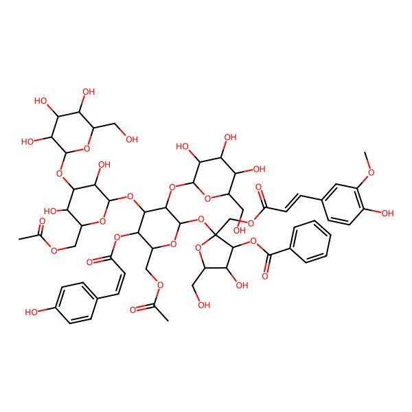 2D Structure of [2-[6-(Acetyloxymethyl)-4-[6-(acetyloxymethyl)-3,5-dihydroxy-4-[3,4,5-trihydroxy-6-(hydroxymethyl)oxan-2-yl]oxyoxan-2-yl]oxy-5-[3-(4-hydroxyphenyl)prop-2-enoyloxy]-3-[3,4,5-trihydroxy-6-(hydroxymethyl)oxan-2-yl]oxyoxan-2-yl]oxy-4-hydroxy-2-[3-(4-hydroxy-3-methoxyphenyl)prop-2-enoyloxymethyl]-5-(hydroxymethyl)oxolan-3-yl] benzoate