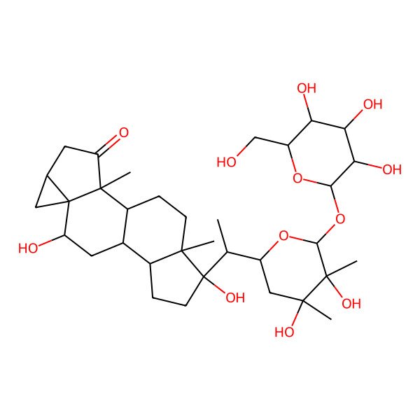 2D Structure of (1S,2R,5S,7R,8R,10S,11S,14S,15S)-14-[(1R)-1-[(2R,4R,5R,6S)-4,5-dihydroxy-4,5-dimethyl-6-[(2S,3R,4S,5S,6R)-3,4,5-trihydroxy-6-(hydroxymethyl)oxan-2-yl]oxyoxan-2-yl]ethyl]-8,14-dihydroxy-2,15-dimethylpentacyclo[8.7.0.02,7.05,7.011,15]heptadecan-3-one