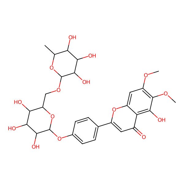 2D Structure of 5-hydroxy-6,7-dimethoxy-2-[4-[(2S,3R,4S,5S,6R)-3,4,5-trihydroxy-6-[[(2R,3R,4S,5R,6R)-3,4,5-trihydroxy-6-methyloxan-2-yl]oxymethyl]oxan-2-yl]oxyphenyl]chromen-4-one