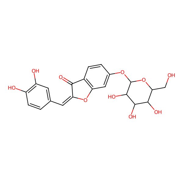 2D Structure of 2-[(3,4-Dihydroxyphenyl)methylidene]-6-[3,4,5-trihydroxy-6-(hydroxymethyl)oxan-2-yl]oxy-1-benzofuran-3-one