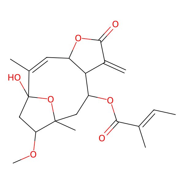2D Structure of (1-Hydroxy-12-methoxy-2,11-dimethyl-7-methylidene-6-oxo-5,14-dioxatricyclo[9.2.1.04,8]tetradec-2-en-9-yl) 2-methylbut-2-enoate