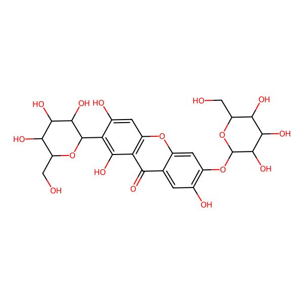2D Structure of 1,3,7-trihydroxy-2-[(2S,3R,4R,5S,6R)-3,4,5-trihydroxy-6-(hydroxymethyl)oxan-2-yl]-6-[(2R,3S,4R,5R,6S)-3,4,5-trihydroxy-6-(hydroxymethyl)oxan-2-yl]oxyxanthen-9-one