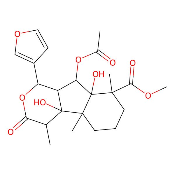 2D Structure of methyl (1S,4S,4aS,4bR,8S,8aS,9S,9aS)-9-acetyloxy-1-(furan-3-yl)-4a,8a-dihydroxy-4,4b,8-trimethyl-3-oxo-4,5,6,7,9,9a-hexahydro-1H-indeno[2,1-c]pyran-8-carboxylate