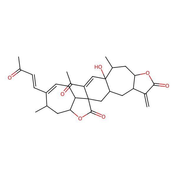 2D Structure of 12'-acetyl-10'-hydroxy-7,9'-dimethyl-4'-methylidene-6-(3-oxobut-1-enyl)spiro[4,7,8,8a-tetrahydro-3aH-cyclohepta[b]furan-3,13'-6-oxatricyclo[8.4.0.03,7]tetradec-11-ene]-2,5'-dione