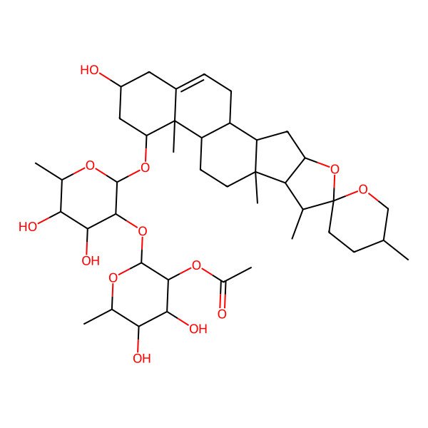 2D Structure of [(2S,3R,4R,5R,6S)-2-[(2R,3R,4S,5R,6R)-4,5-dihydroxy-2-[(1S,2S,4S,5'R,6R,7S,8R,9S,12S,13R,14R,16R)-16-hydroxy-5',7,9,13-tetramethylspiro[5-oxapentacyclo[10.8.0.02,9.04,8.013,18]icos-18-ene-6,2'-oxane]-14-yl]oxy-6-methyloxan-3-yl]oxy-4,5-dihydroxy-6-methyloxan-3-yl] acetate