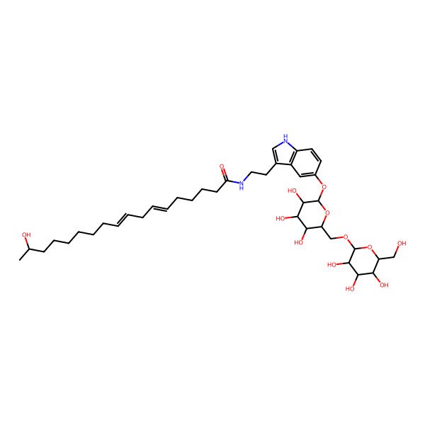 2D Structure of (6Z,9Z,17R)-17-hydroxy-N-[2-[5-[(2S,3R,4S,5S,6R)-3,4,5-trihydroxy-6-[[(2R,3R,4S,5S,6R)-3,4,5-trihydroxy-6-(hydroxymethyl)oxan-2-yl]oxymethyl]oxan-2-yl]oxy-1H-indol-3-yl]ethyl]octadeca-6,9-dienamide