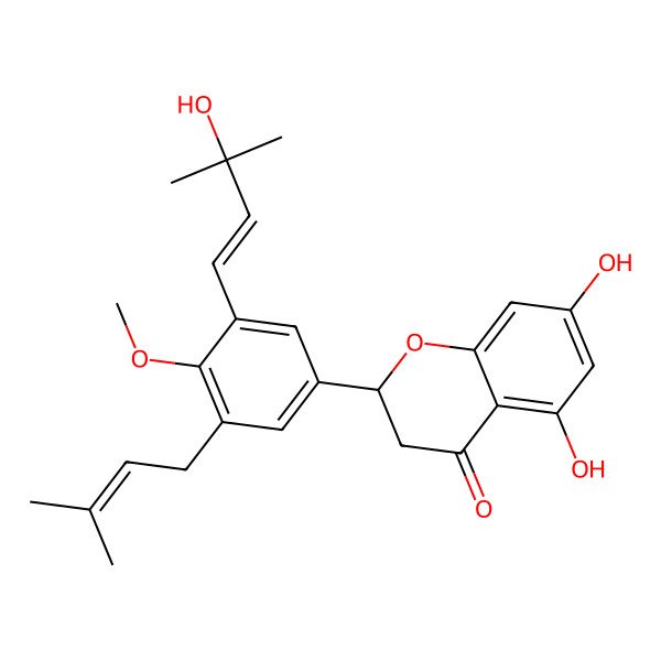 2D Structure of 5,7-Dihydroxy-2-[3-(3-hydroxy-3-methylbut-1-enyl)-4-methoxy-5-(3-methylbut-2-enyl)phenyl]-2,3-dihydrochromen-4-one