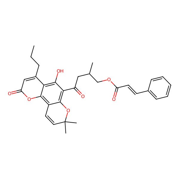 2D Structure of [(2S)-4-(5-hydroxy-8,8-dimethyl-2-oxo-4-propylpyrano[2,3-h]chromen-6-yl)-2-methyl-4-oxobutyl] (E)-3-phenylprop-2-enoate