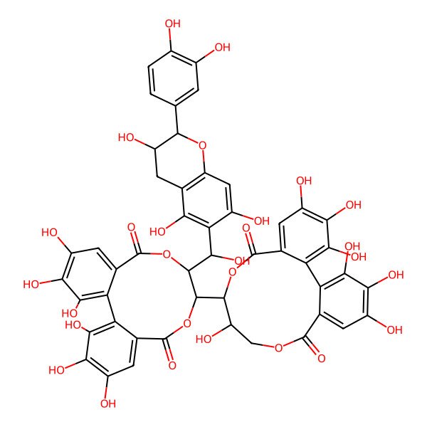 2D Structure of (10R,11R)-10-[(10R,11S)-11-[(S)-[(2R,3R)-2-(3,4-dihydroxyphenyl)-3,5,7-trihydroxy-3,4-dihydro-2H-chromen-6-yl]-hydroxymethyl]-3,4,5,16,17,18-hexahydroxy-8,13-dioxo-9,12-dioxatricyclo[12.4.0.02,7]octadeca-1(18),2,4,6,14,16-hexaen-10-yl]-3,4,5,11,17,18,19-heptahydroxy-9,13-dioxatricyclo[13.4.0.02,7]nonadeca-1(19),2,4,6,15,17-hexaene-8,14-dione