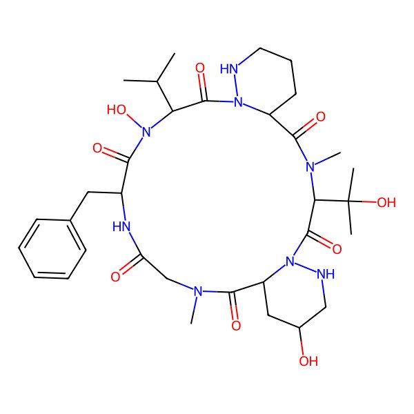 2D Structure of 16-Benzyl-14,24-dihydroxy-3-(2-hydroxypropan-2-yl)-4,20-dimethyl-13-propan-2-yl-1,4,10,11,14,17,20,26-octazatricyclo[20.4.0.06,11]hexacosane-2,5,12,15,18,21-hexone