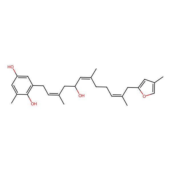 2D Structure of 2-[(2E,5R,6E,10E)-5-hydroxy-3,7,11-trimethyl-12-(4-methylfuran-2-yl)dodeca-2,6,10-trienyl]-6-methylbenzene-1,4-diol